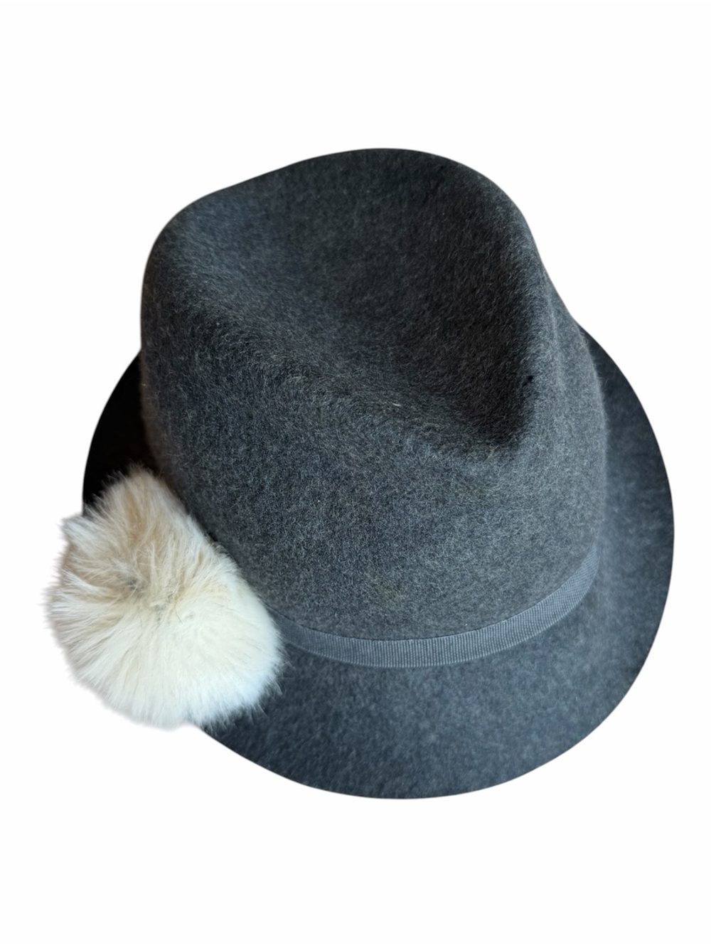 Santelli Francesca Italian Wool Fedora Hat Gray w/ Faux Fur Pom Accent